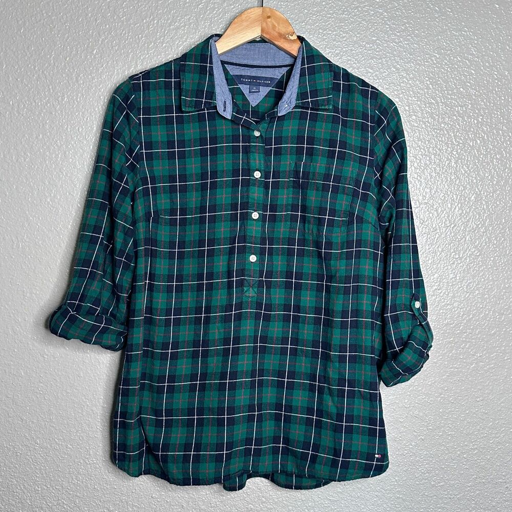 Tommy Hilfiger Womens Tartan Plaid popover Blouse Long sleeve medium